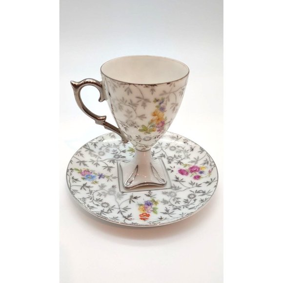 Cup and Saucer Demitasse Square Pedestal White with Silver Pink Flowers - Picture 2 of 7